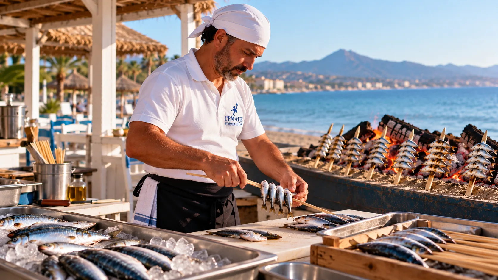 Espetero profesional de CEMAFE Formación ensartando sardinas frescas junto a la barca y las brasas en la playa