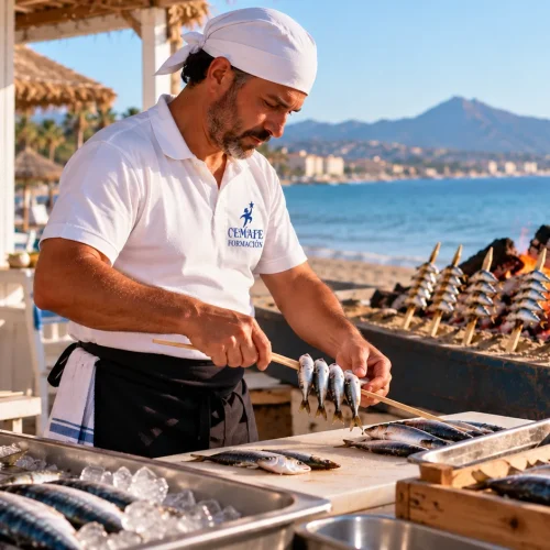 Espetero profesional de CEMAFE Formación ensartando sardinas frescas junto a la barca y las brasas en la playa
